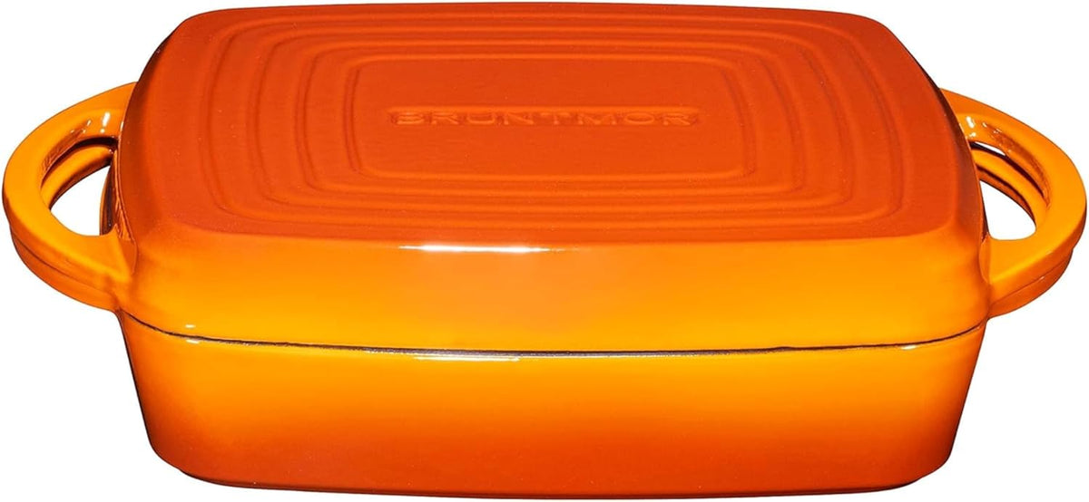 Bruntmor 2-in-1 Square Pumpkin Spice Cast Iron Dutch Oven With Handles, Enamel All-in-One Cookware Set, Braising Pan For Casserole Dish, Crock Pot Covered Cast Iron Skillet