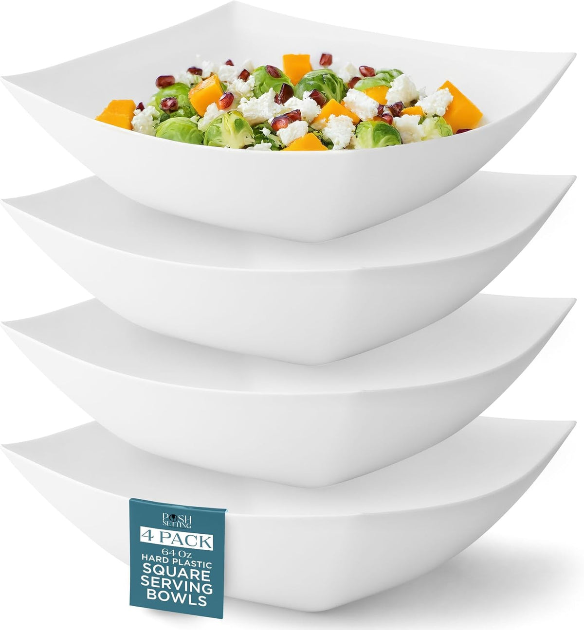 Posh Setting White Plastic Serving Bowls Disposable - Square Bowls - Square Candy Bowl - Plastic Snacks & Chip Bowls for Parties - White, Gold & Clear, Black Serving Dishes, 64 OZ, 4 Pack