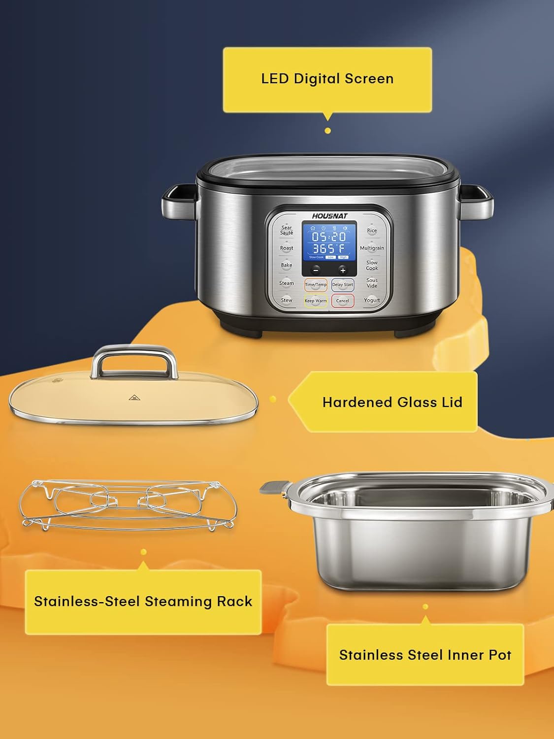 HOUSNAT Slow Cooker, 10 in 1 Programmable Pressure Cooker, 304 Stainless Steel Rice Cookers, Yogurt Maker, 6 QT Sous Vide, Delay Start, Adjustable Temp& Digital Time for Large Families or Entertaining