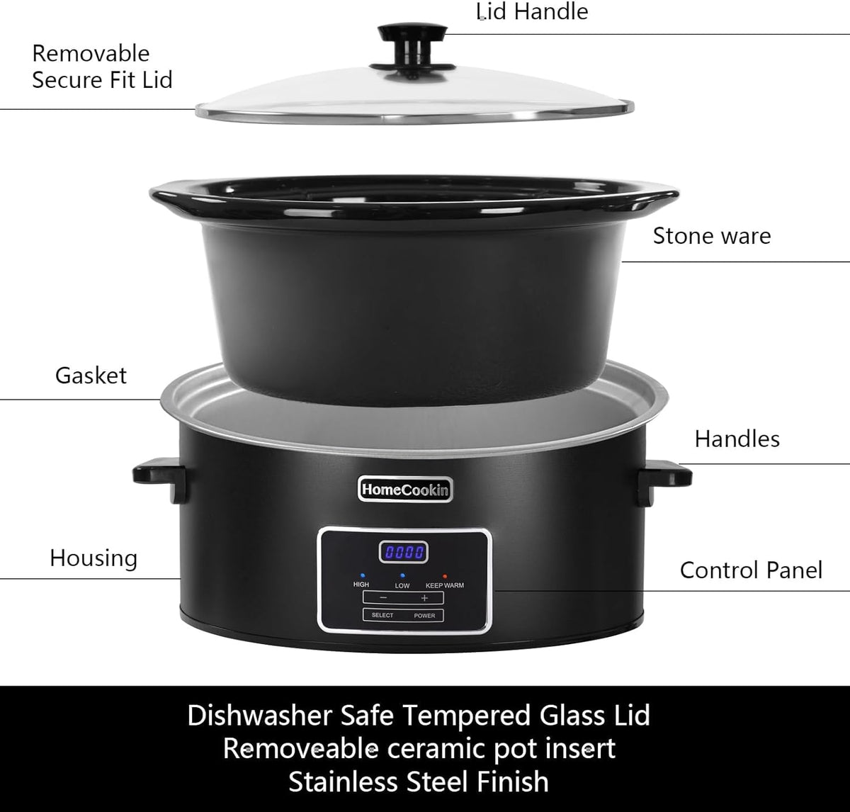 HOMECOOKIN 6 Quart Programmable Slow Cooker, Kitchen Appliances, Perfect Kitchen Small Appliance for Family Dinners, Black Stainless Steel