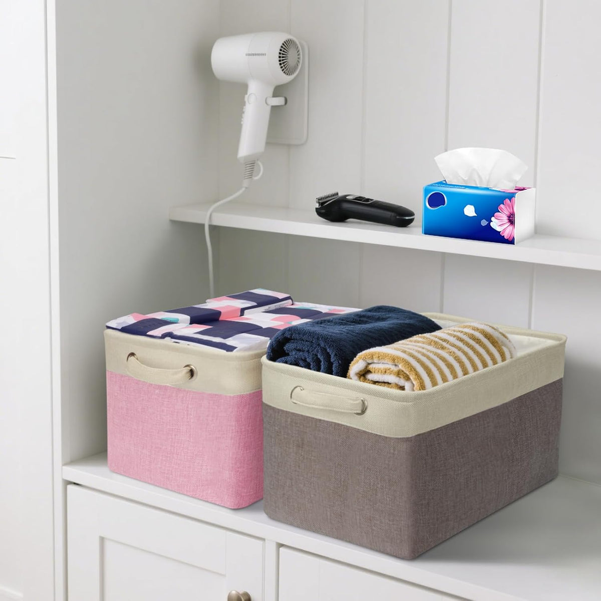 BALEINE 3 Pack Fabric Storage Bins for Shelves, Linen Storage Baskets for Organizing, Decorative Closet Bins for Clothes, Home (Grey, 15"x11"x9.5")