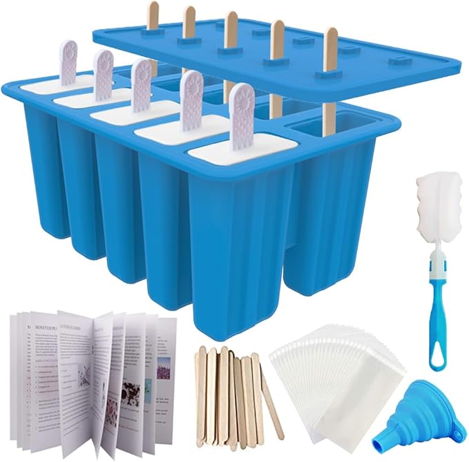 Miaowoof Homemade Popsicle Molds, 10-Cav Non-BPA Silicone Ice Pop Maker, with 50 Sticks, 50 Bags, 10 Reusable Sticks, Funnel, Brush and Ice Pop Recipe (Blue)