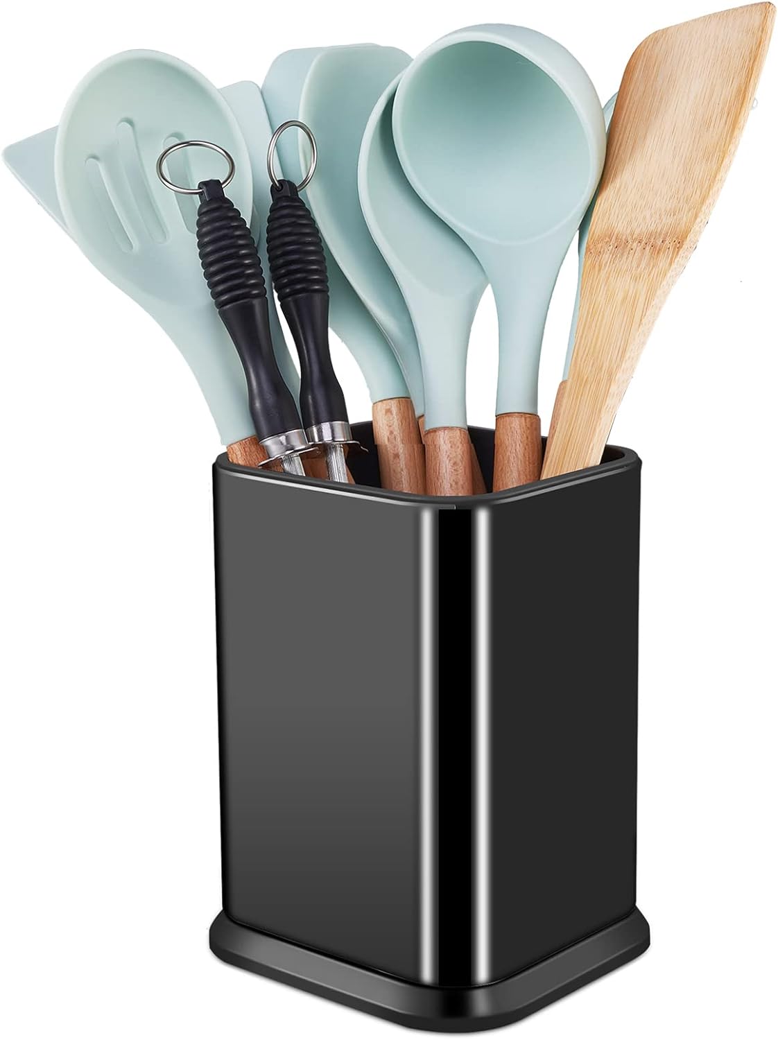 RedCall Stainless Steel Kitchen Utensil Holder for Countertop, Spoon Spatula Organizer,Modern Rectangular Large Cooking Utensil Caddy Counter,Utensil Crock (Stainless Steel Black)