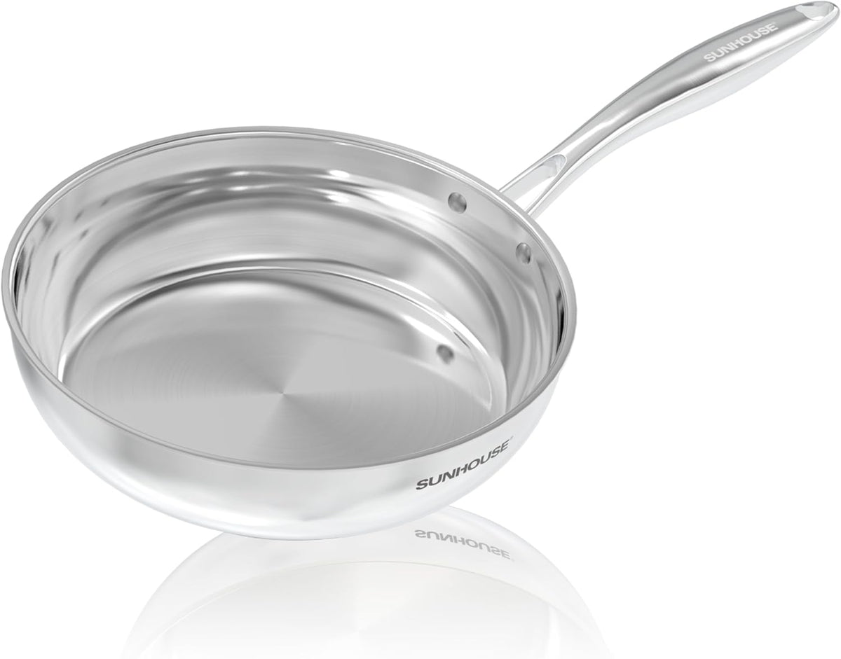 Sunhouse 8 Inch 18/10 Chef Series Stainless Steel Frying Pan, Tri-Ply Stainless Steel Construction, PFOA-FREE, Stay-Cool Handle, Induction Compatible