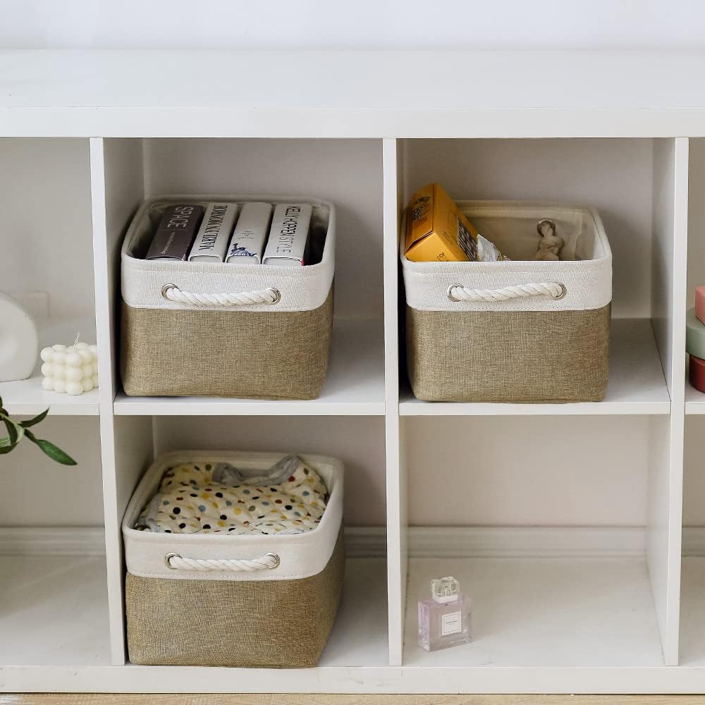 TheWarmHome Storage Basket for Shelves - 1 Pack 14x10x6.7 inch Collapsible Storage Bins Storage Boxes for Organizing for Laundry Closet Gift Cloth Nursery (Whiet & Khaki)
