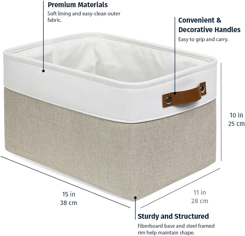 OrganiHaus Large Fabric Storage Baskets for Shelves 3 Pack, 15x11in Closet Storage Bins for Shelves, Cloth Baskets for Organizing, Linen Closet Organizers, Fabric Basket, Beige/White