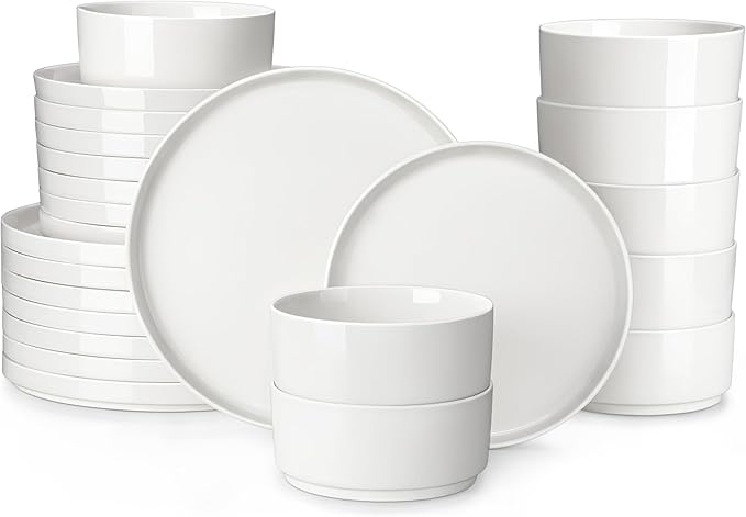 MALACASA 24 Pieces Porcelain Dinnerware Set, Modern White Dish Set for 8, Premium Serving Plates and Bowls Sets, Chip and Scratch Resistant Dishware Sets Kitchen Dishes Dining Ware Set, Series LEAH