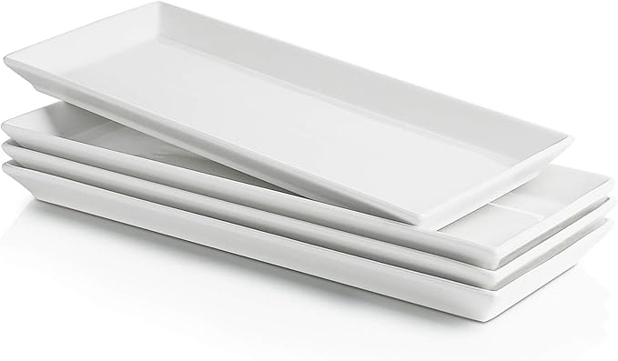 Sweese Porcelain Serving Platters 11.7 Inch - Elegant White Rectangular Plates, Set of 4 for Parties, Sushi, Appetizers
