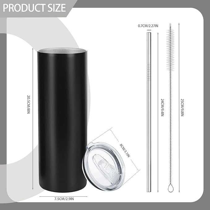 YOUKE OLA 12 Pack Stainless Steel Skinny Tumblers Bulk Straight Double Wall Insulated Tumbler with Lid and Straw for, DIY, Black, 20oz