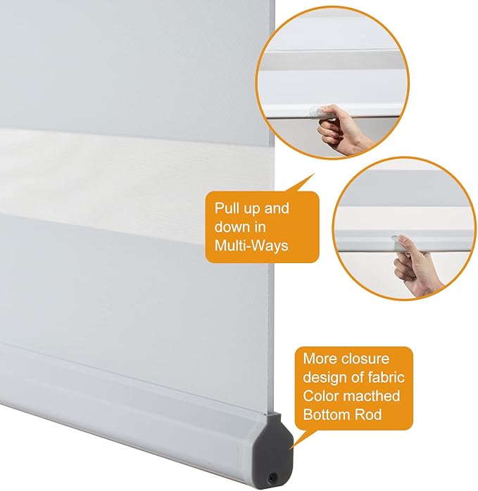 Persilux Cordless Zebra Blinds for Indoor Windows, Free-Stop Zebra Blinds Cordless, Light Filtering Sheer Shades Dual Layer for Day and Night, Zebra Roller Shades for Home (46.5" W X 47" H, White)