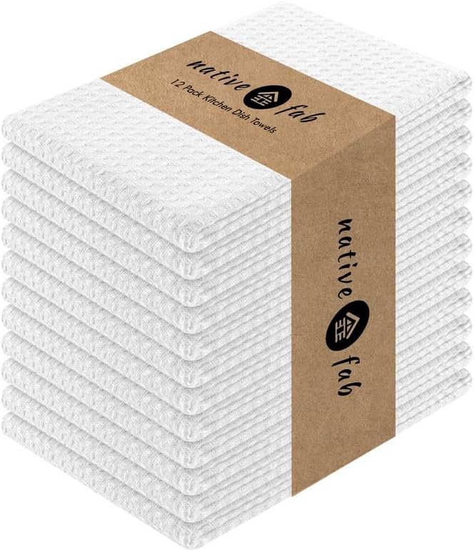 Native Fab Cotton Kitchen Towel with Hanging Loop 16x26 inches, 12-Pack, Waffle Weave Kitchen Towels for Cleaning Drying, Washcloths Soft & Absorbent Cloth Rags, Bar Towel, Dish Cloth, White