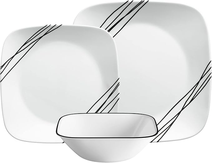 Corelle Dinnerware Set (12pc, Simple Sketch)-Dinner for 4 Includes x: Dinner Plates, Side & Bowls 3 X More Durable, Half The Space Weight of Ceramic up to 80% Recycled Glass, 1146920