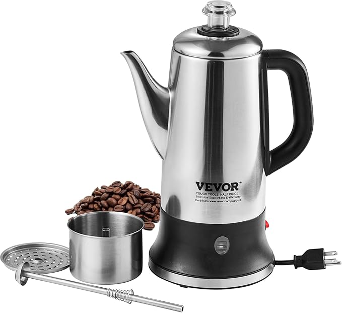 VEVOR 12-Cup Electric Percolator Coffee Pot, 304 Stainless Steel Body Coffee Percolator with Keep Warm Function & Heat-Resistant Handle, Classic Coffee Maker, Quick Brew & Easy-Pour Spout, Silver