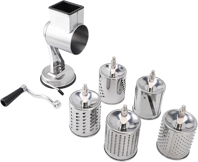 Manual Cheese Grater Stainless Steel Kitchen Hand Crank Grinder with 5 Interchangeable Blades and Handle for Vegetable Nut Potato (Silver)
