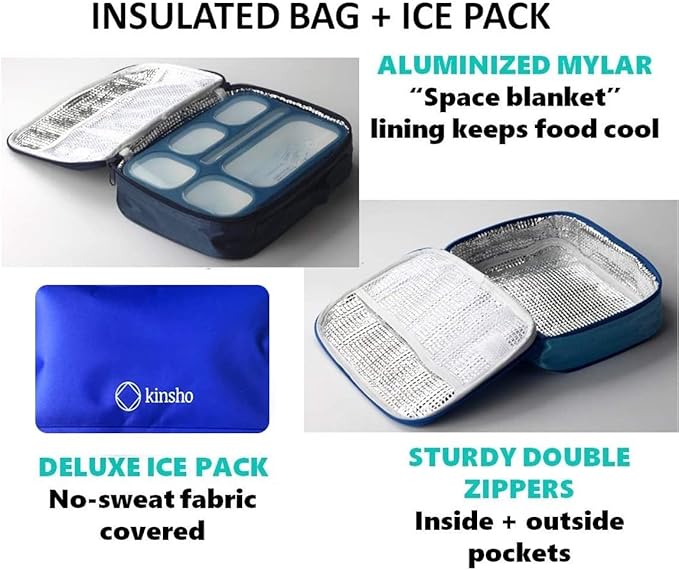 Bento-Box insulated Lunch Bag and Ice Pack Set. Lunch Boxes Snack Containers Kids Boys Girls Adults. 6 Compartments, Leakproof Portion Boxes Insulated Bags for School Lunches, BPA Free (Blue + Navy)