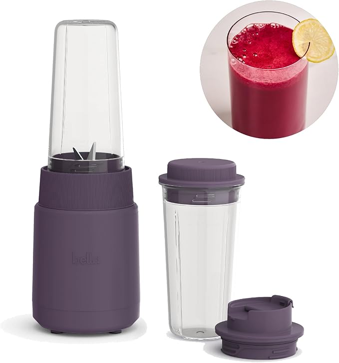 bella 6 Pcs Portable Rocket Blender, Juicer & Smoothie Maker, Press & Twist Design, EverGood™ & BPA Free Dishwasher Safe Parts, 4 Tip Stainless Steel Blade, Cord Wrap, 240 Watt Motor, Plum