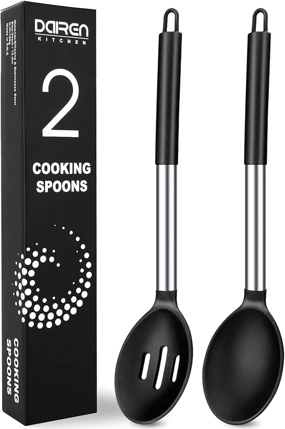 Pack of 2 Large Silicone Cooking Spoons, Non-Stick Stainless Steel Slotted and Solid Spoon Set for Serving, Mixing, Draining, Heat Resistant, Scratch Resistant and BPA Free Kitchen Scoops (Black)
