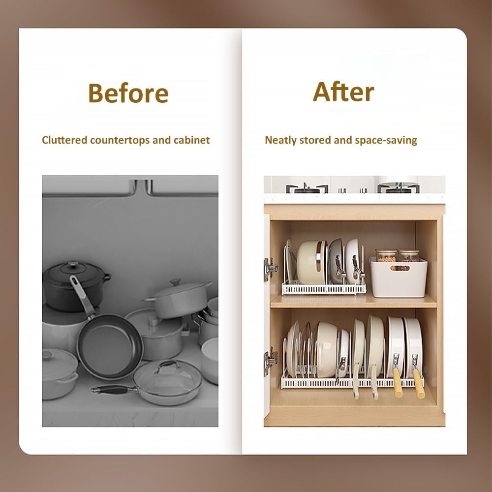 Expandable Pots and Pans Organizer Rack, Pot Lid Kitchen Cabinet Organizer Holder with 10 Adjustable Compartment, Cookware Rack for Kitchen Cabinet Storage, White