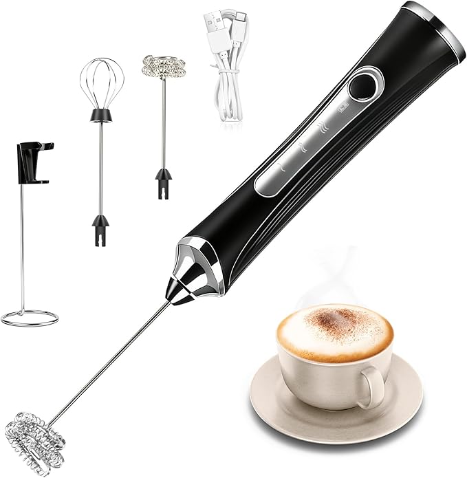 Milk Frother Handheld Rechargeable with Stand Frother Wand Foam Maker 3 Speed Adjustable Hand Mixer with Detachable Stainless 2 Whisks Electric Coffee Frother Stirrer For Latte, Cappuccino, Egg