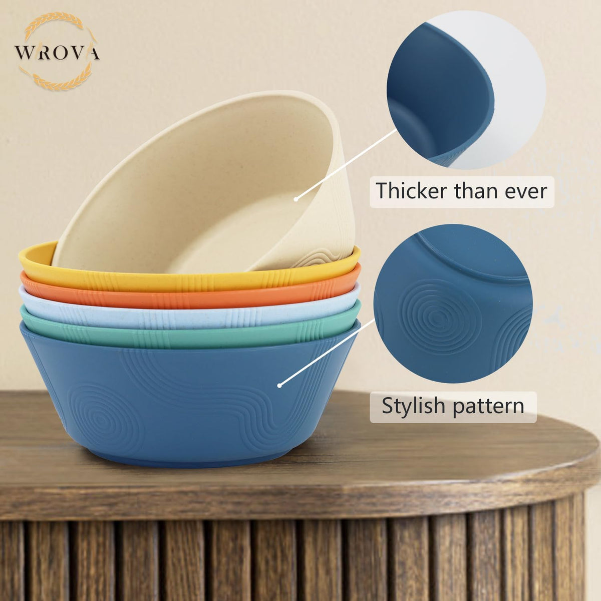 Wheat Straw Bowl Sets with Textured Pattern,6 PCS Unbreakable Cereal Bowl 36 OZ,Microwave and Dishwasher Safe Bowls, Alternative Plastic Bowls for Kitchen,Camping,Apartment and Dorm