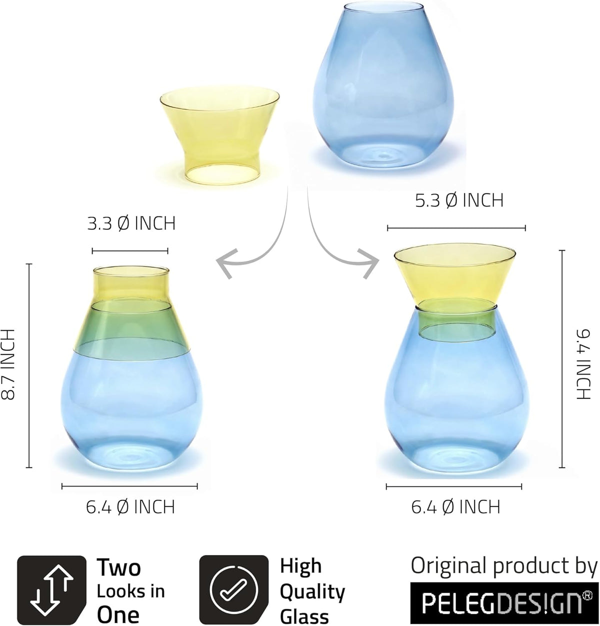 Peleg Design Twotone Home Décor in 3 Colors - Round Glass Vase for Flower Bouquets - Decorative Vase with Flippable Top - Glass Vases for Centerpieces