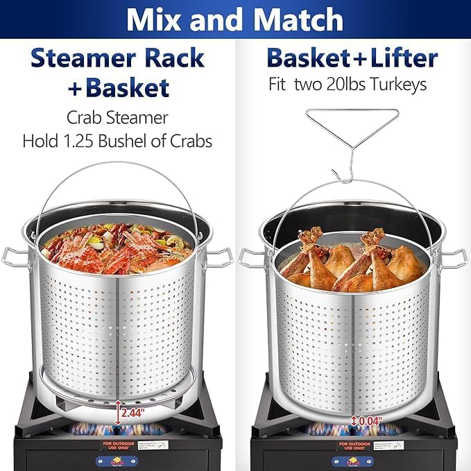 ARC 52QT Seafood Boiling Kit, 200,000BTU Propane Burner And Stainless Steel Crawfish Boil Pot w/Basket and Steamer Rack, For Outdoors Cooking and Steaming, Large Turkey Fryer, Lobster Shrimp Pot