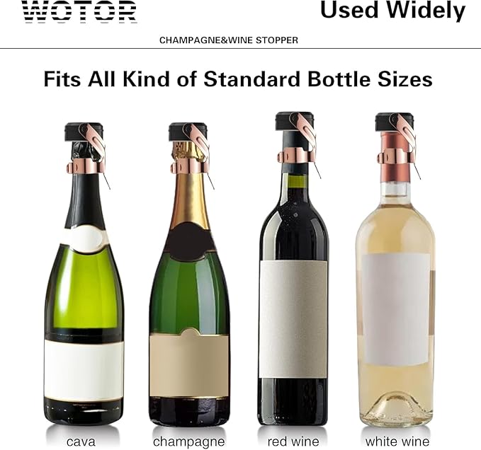 WOTOR Champagne&Wine Bottle Stoppers Stainless Steel with Food Grade Silicone, Leak Proof Keep Fresh Reusable Saver, Cork Suitable for Wine, Champagne, Cava, Prosecco and Sparkling (2 Pack Rosegold）