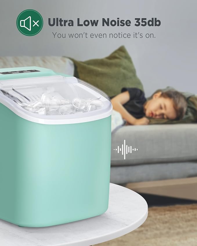 Silonn Countertop Ice Maker, 9 Cubes Ready in 6 Mins, 26lbs in 24Hrs, Self-Cleaning Ice Machine with Ice Scoop and Basket, 2 Sizes of Bullet Ice for Home Kitchen Office Bar Party, Green