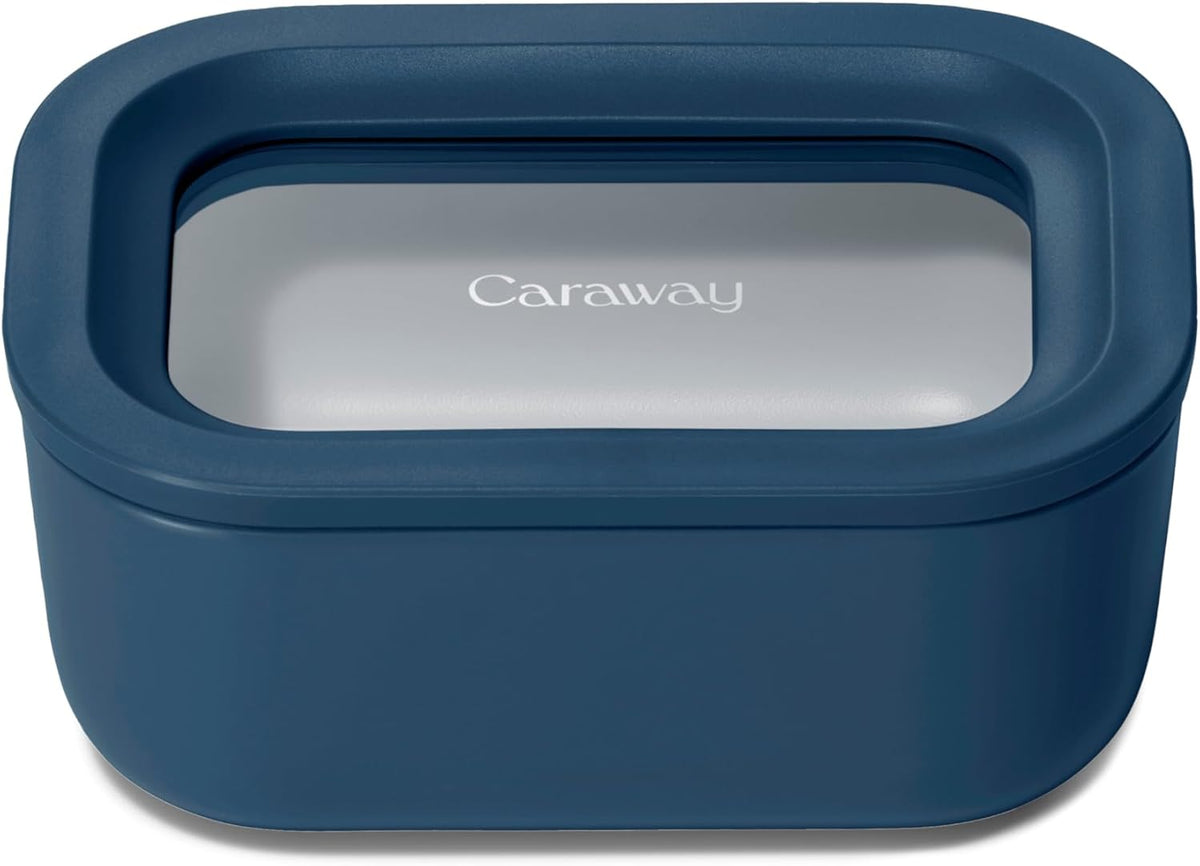 Caraway Mini Rectangle Food Storage Container - 2.6 Cup Glass Storage Container for Food - Non-Toxic Ceramic-Coated Glass - Air Release Technology - Compact & Stackable Design - Navy
