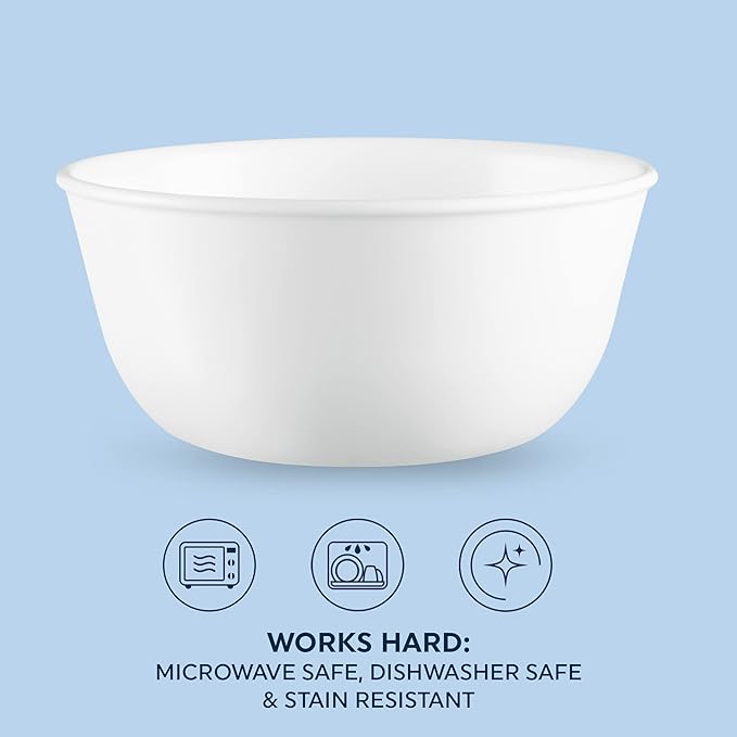 Corelle Vitrelle 28-oz Soup/Cereal Bowls Set of 6 Chip & Crack Resistant Dinnerware Bowls for Soup, Ramen, Cereal and More, Triple Layer Glass, Winter Frost White