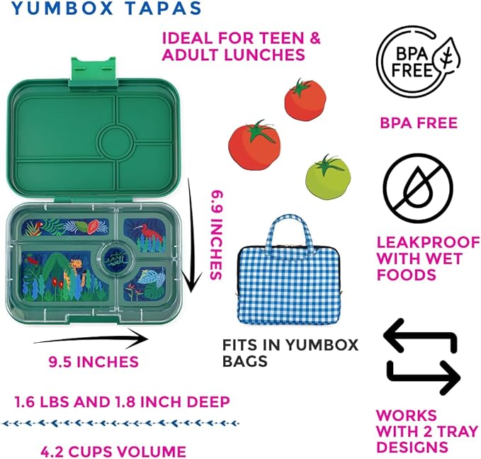 Yumbox TAPAS 5 compartment Larger Size Leakproof Bento Lunch Box (Palm Green Jungle)