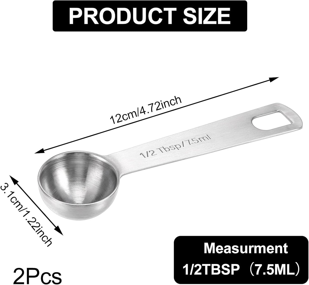 2 PCS Measuring Spoons Tablespoon Measuring Spoon 1/2 Tbsp (1 1/2 tsp | 7.5 ml |7.5 cc| 0.25 oz) Mini Spoons Stainless Steel Measuring Spoons for Kitchen Cooking Spoon(Silver)