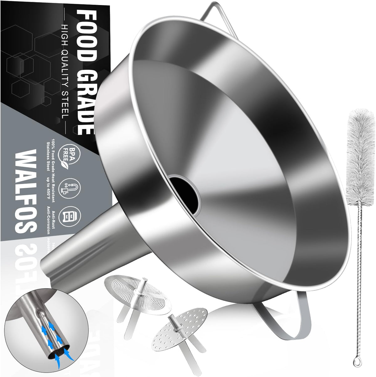 Walfos Extra Large Stainless Steel Funnel with Venting Slot, Kitchen Funnel with 2 Removable Strainer ＆ 1Pc Cleaning Brush, Perfect for Transferring Liquid, Oils, Jam, Dry Ingredients (Jumbo, 7.9")