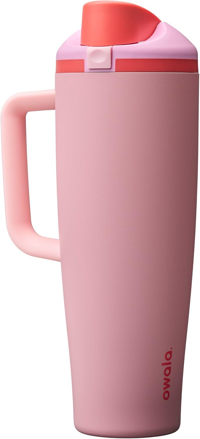 Owala FreeSip Tumbler Insulated Stainless Steel Water Bottle with Built-in Straw and Side Handle, For Travel, Work, School, and Sports, 40oz, BPA Free, Leak Proof, Angel Food Cake