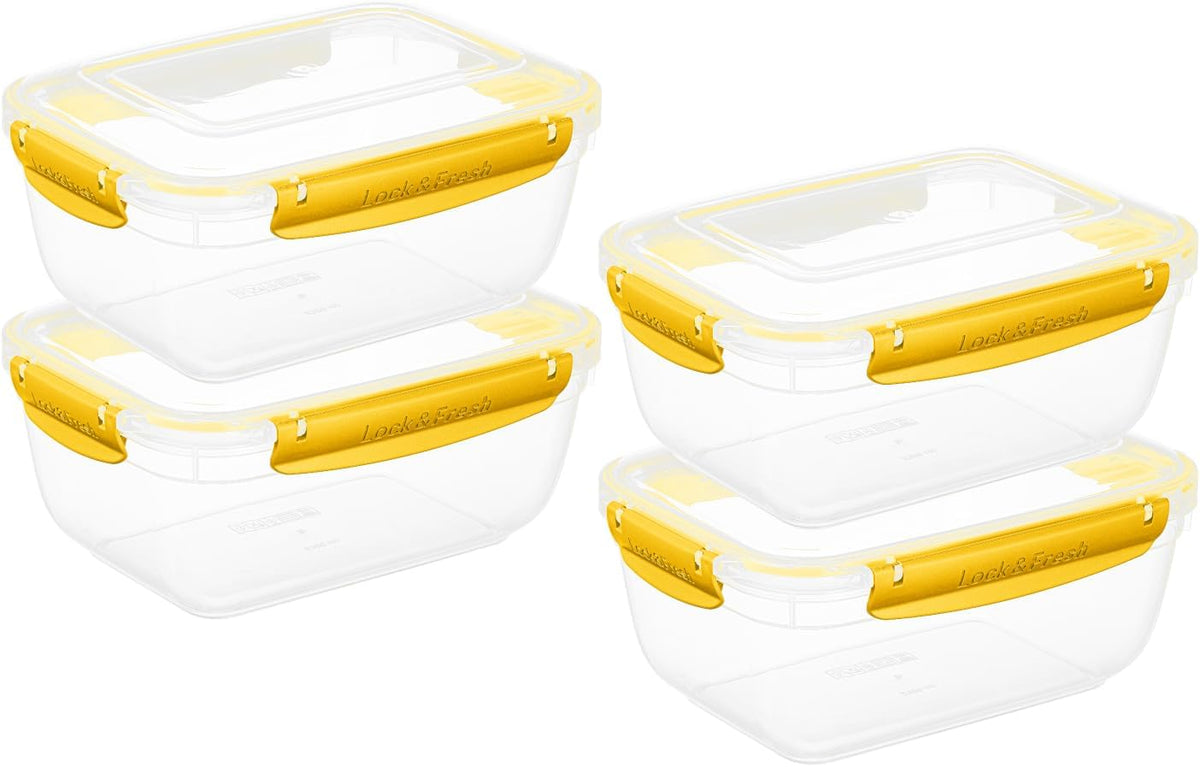 Superio Plastic Food Storage Containers with Airtight Lids, 4 Pack- 80 Oz, BPA Free, Leakproof, Stackable, Microwave, Dishwasher, Freezer Safe, Yellow