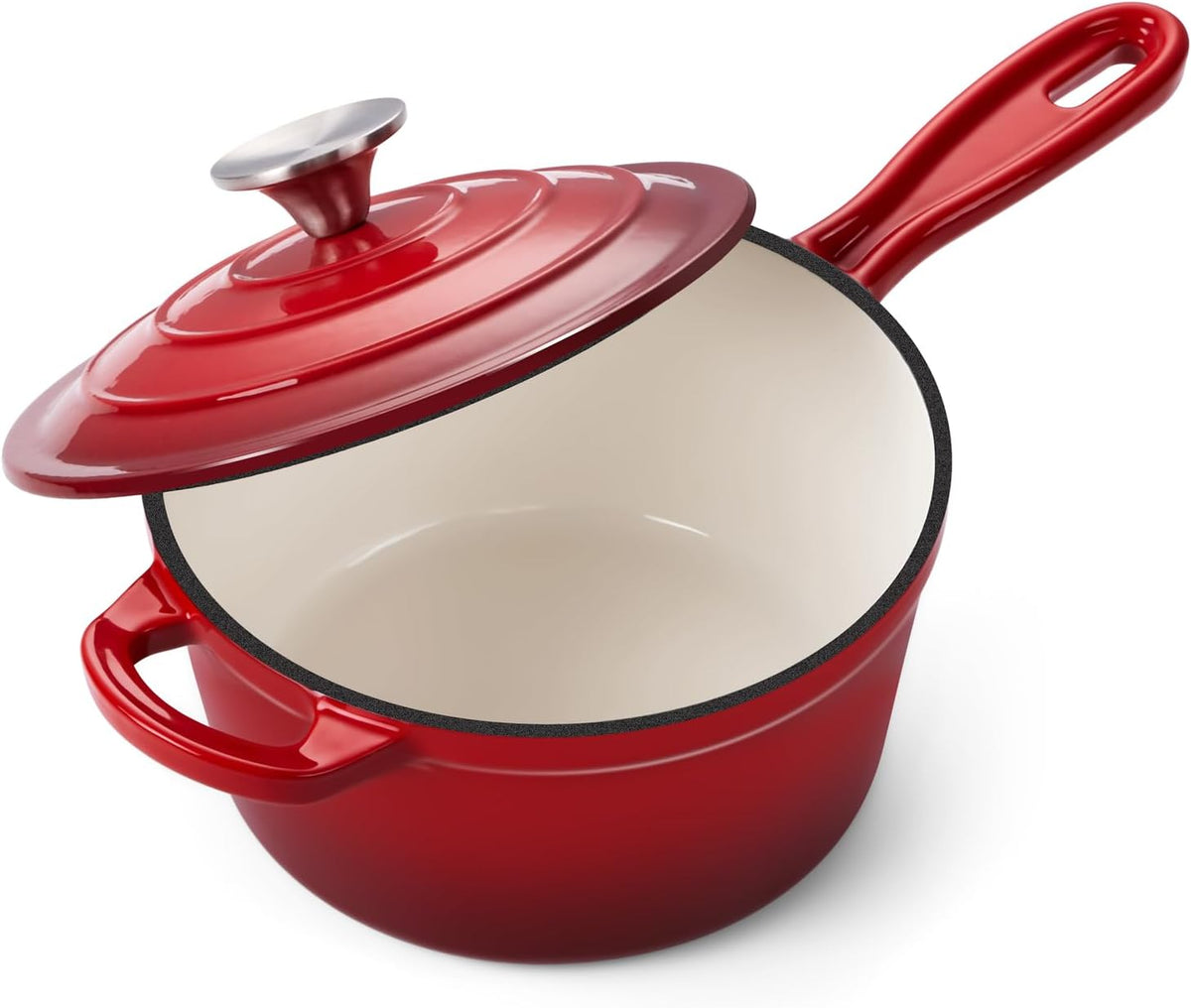 2QT Saucepan with Lid, Onader Enameled Cast Iron Sauce Pan Pot, Small Dutch Oven Cooking Kitchen Pot, Nonstick & Heavy Duty – Red