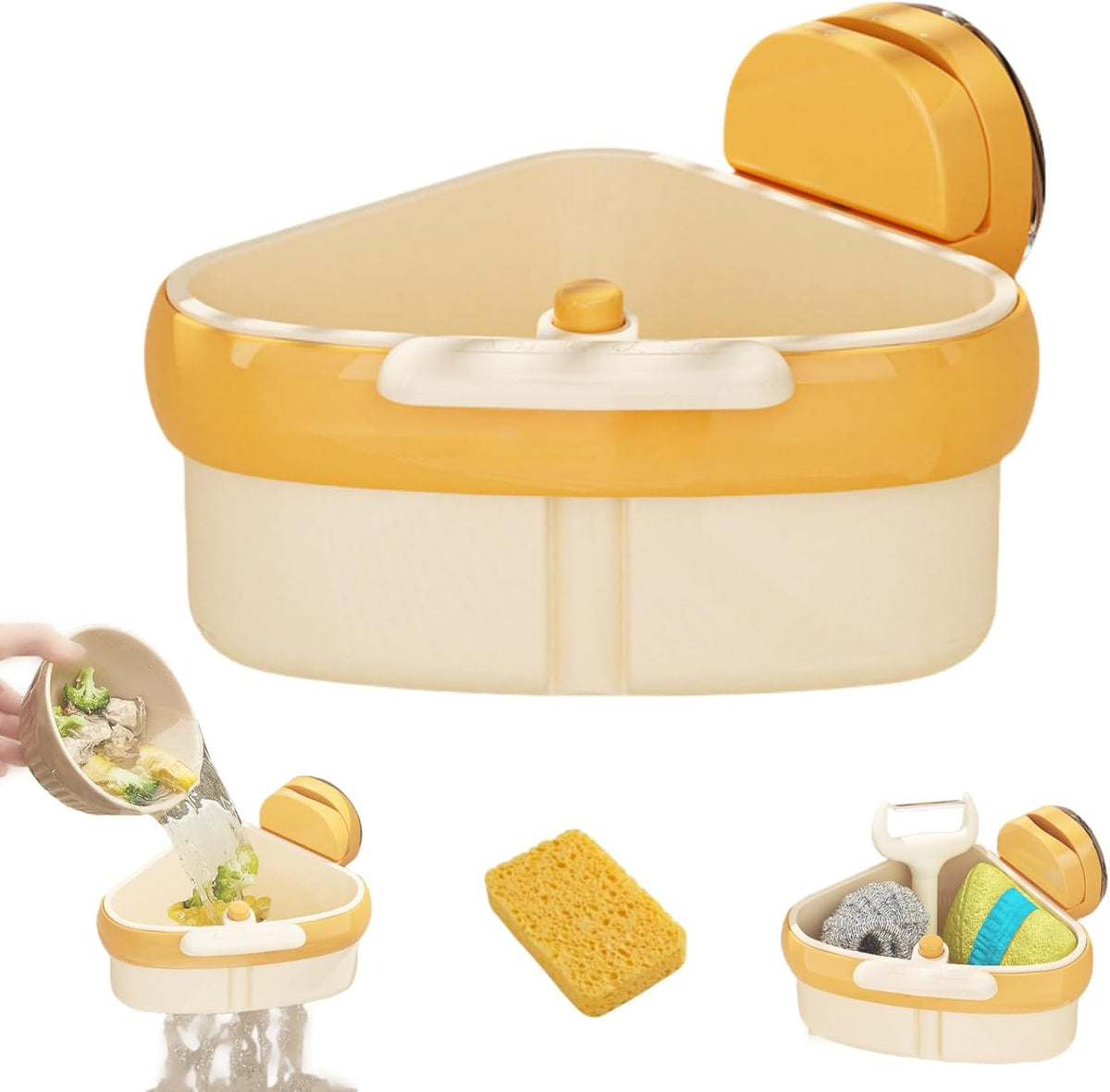Suction Cup Sink Corner Rack, 2025 Upgraded Automatic Dumping Sink Strainer Basket, Suction Cup Press Sink Drainer Basket, No Drilling Corner Sink Strainer for Food Waste (Yellow, 1Pc)