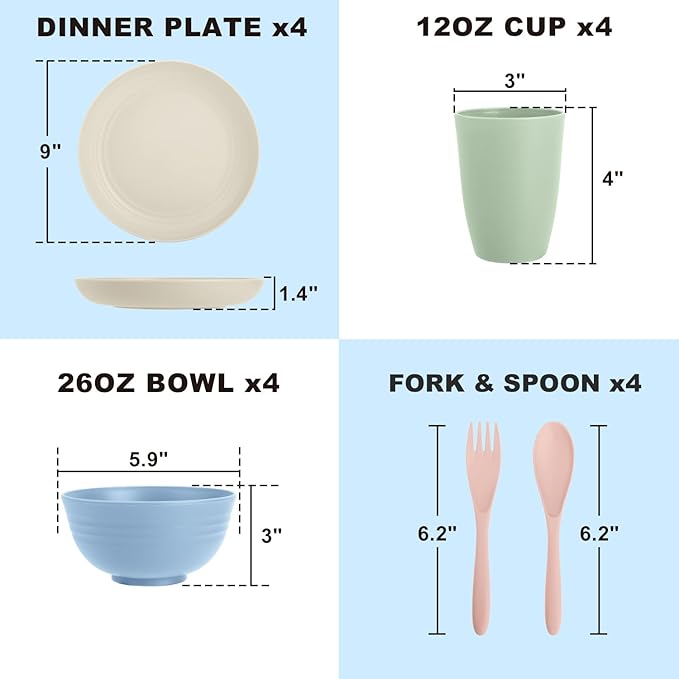 Wheat Straw Dinnerware Sets 20 PCS Service for 4, Unbreakable Kitchen Plates and Bowls Sets, Microwave Dishwasher Safe Dish Set, Outdoor Camping, RV, Apartment Essentials - Colorful