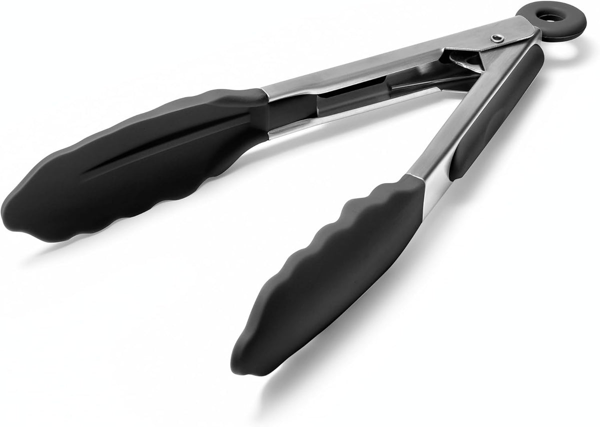 Doosu Kitchen Tongs for Cooking - 600°F Heat Resistant Food Tong with Non-Scratch Silicone Tips, Heavy Duty Stainless Steel Locking Tong for BBQ, Grilling Steak, Serving Salad, Pasta (7in, Black)