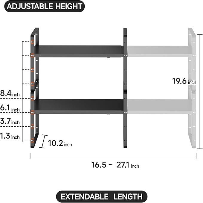 2Pack 16.5-27’’L Expandable Kitchen Shelf Organizer, Stackable Shelves Organizer, Adjustable Height Pantry Spice Rack for Cabinet, Countertop, Pantry and Cupboard, Black