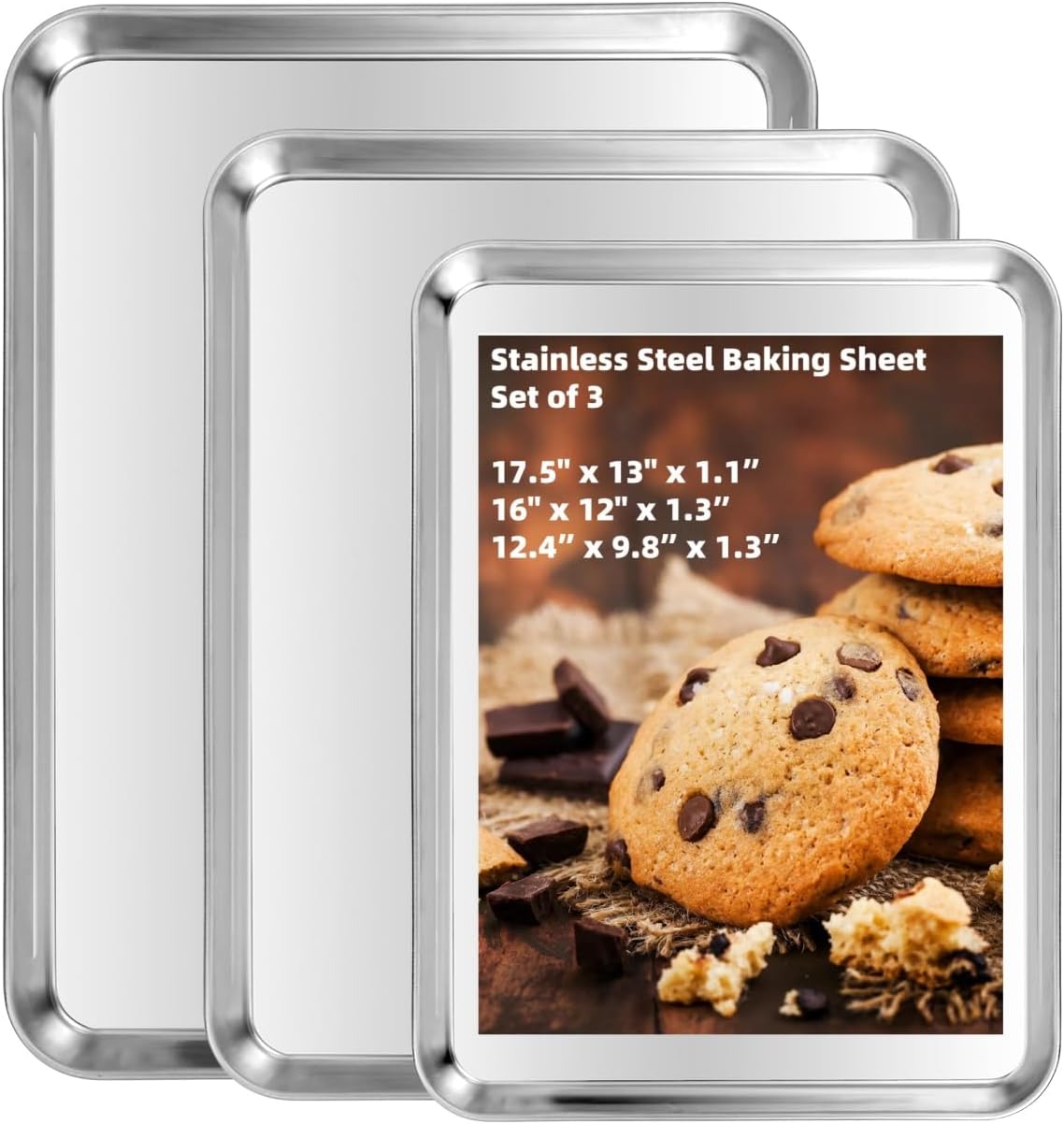 Baking Sheet Set of 3, Heavy-Duty Stainless-Steel Baking Pans, Cookie Sheets Cooking Trays for Oven, 3 Different Sizes (12/16/17.5 Inch)