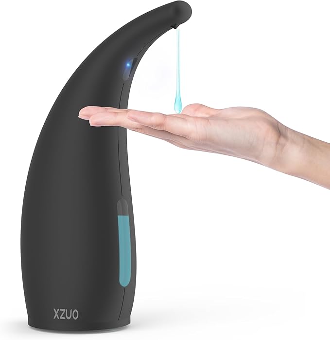 Automatic Soap Dispenser with Infrared Sensor - Adjustable 4-Level Touchless Hand Soap for Kitchen, Bathroom - Battery Operated Electric Dispenser, Durable Plastic, Smart Soap Holder (Black)