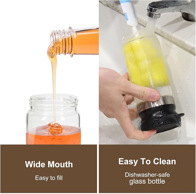 12 Oz Glass Honey Dispenser Pot with Silicone Base No Drip Honey Container Jar, Maple Syrup Dispenser with Handle for Pancake, Coffee or Tea Black