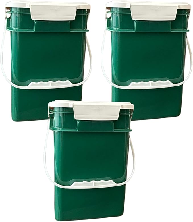 House Naturals 4 Gallon Square Food Grade Bucket Pail with Plastic Handles and Lid (Pack of 3) Made in USA containers (Dark Green)