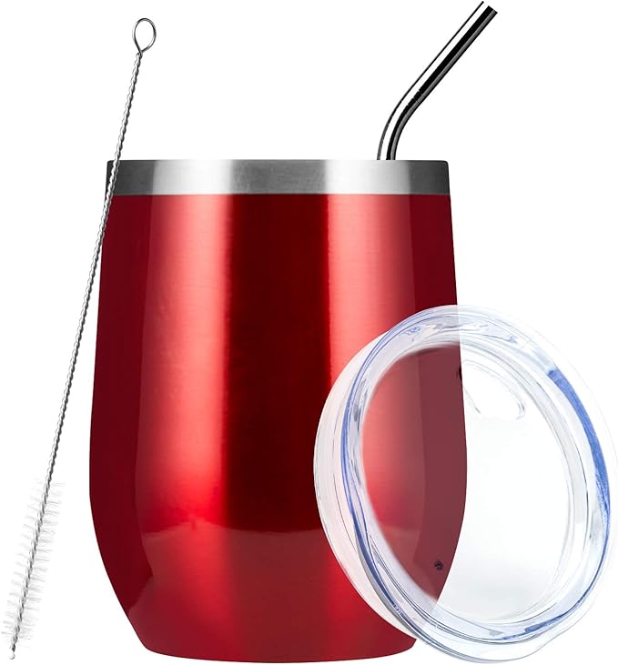 MEWAY Stemless 12oz Wine Tumbler Glasses with Lid -Insulated Double Wall Vacuum Stainless Steel Travel Tumbler with Straw,for Woman Under 10 dollars (Burgundy,1)