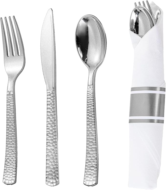 WELLIFE 50 Pack Silver Plastic Silverware with Pre Rolled Napkins,Wrapped Silverware Set Disposable,Includes:50 Forks, 50 Knives, 50 Spoons, 50 Napkins,Utensils Plastic Disposable
