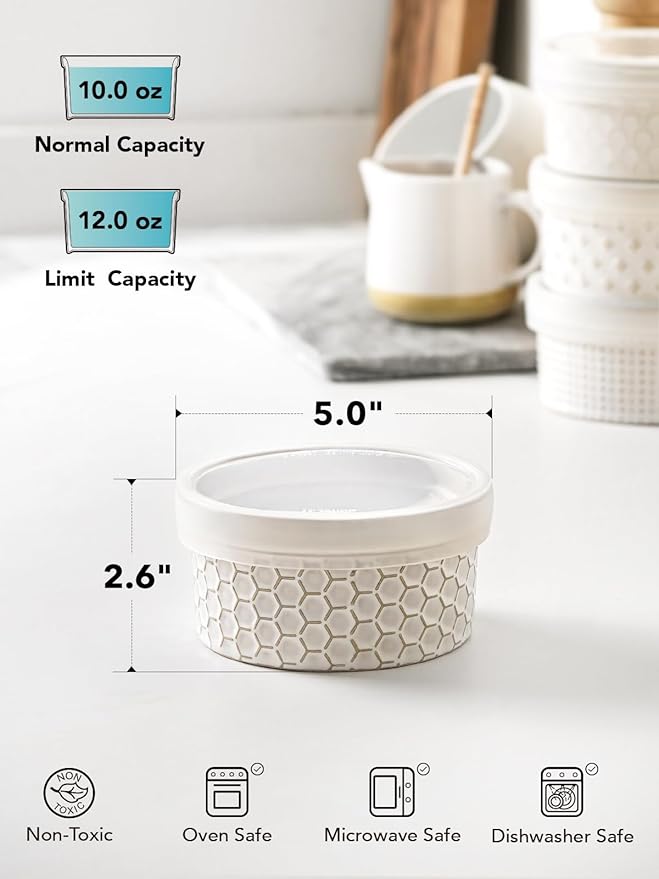 LE TAUCI Ramekins Oven Safe with Lids, 12 oz Ramikin Set for Creme Brulee, Souffle, Dipping Sauce, Onion Soup, Ceramic Food Storage Container - 5 inch, Set of 4, Arctic White
