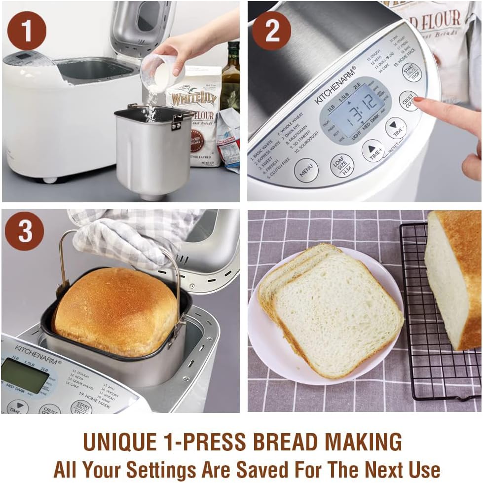 KITCHENARM 19-in-1 HANDY Bread Machine with Homemade Cycle and Gluten Free Setting - Beginner Friendly 2LB 1.5LB 1LB White Bread Maker Machine with Recipes and Delay Timer