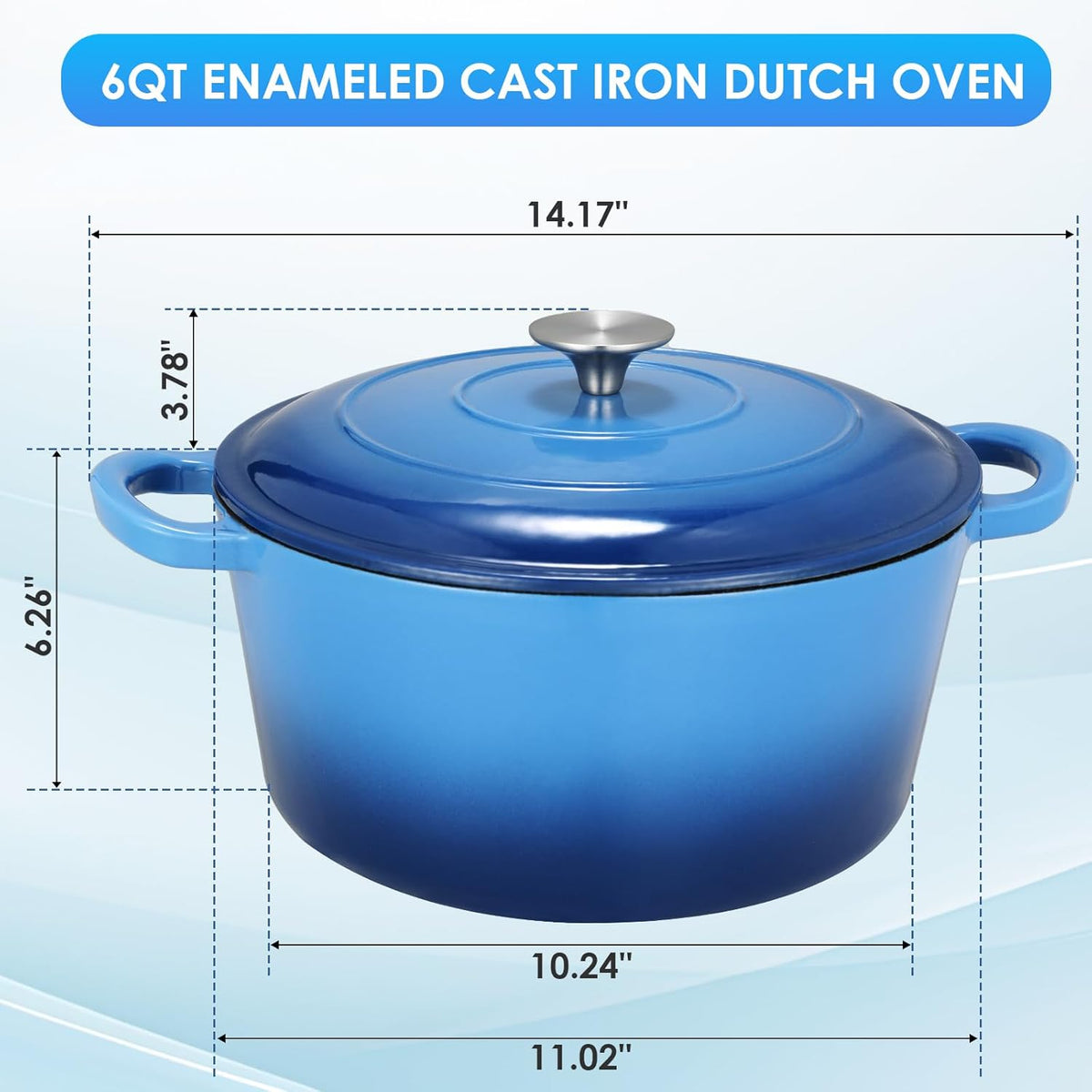 LIFERUN 6 Qt Enameled Cast Iron Dutch Oven Pot with Lid，Oven Safe up to 500° F, Non-Stick Dutch Oven with Dual Handles for Bread Baking, Fry Foods, Braising, Stews, Roasting (Blue)