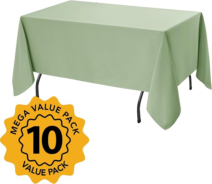 10-Pack Sage Green Tablecloths for Rectangle Tables, 70 x 108 Inches, Stain-Resistant Polyester Fabric for 6 Foot Tables - Washable Table Covers for Weddings, Birthday Parties, Events
